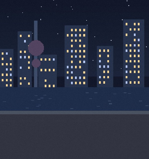 夜里江边亮着的灯，像素插画示例